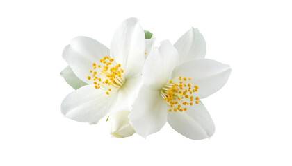 Obraz premium Two white jasmine flowers, with yellow stamens, against a black background, a bud
