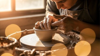Close-up of Potter's Hands Molding Small Clay Bowl on Spinning Wheel