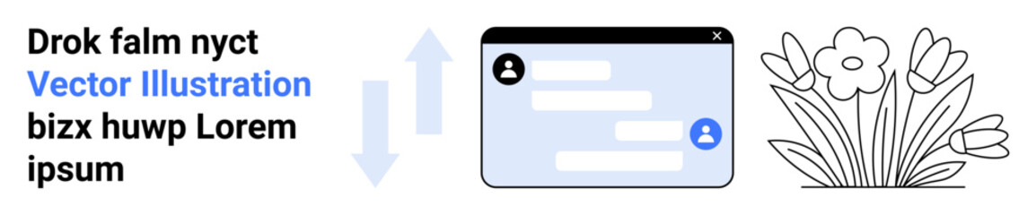 Fototapeta premium Communication, user interface, digital interaction, design concepts, text elements, abstract visuals. Messaging panel with user icons, abstract text arrows and flowers. Communication and user