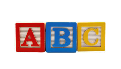 Three colorful alphabet blocks (A, B, C) isolated against a solid black background in a horizontal line