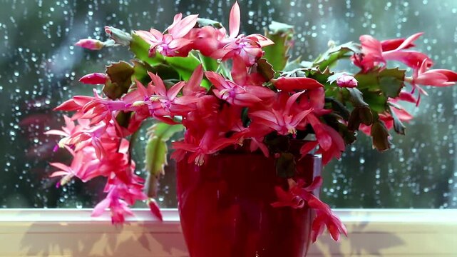 Pink flowered Christmas cactus in a plant pot on a window sill