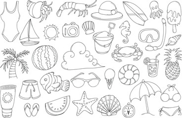 Summer Related Doodle vector set. Drawing sketch illustration hand drawn line eps10