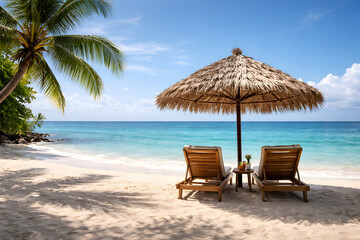 Tropical beach paradise with palm tree, thatched umbrella, and wooden lounge chairs facing turquoise ocean