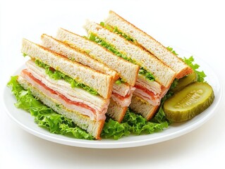 Delicious sandwich quarters arranged on lettuce, with pickle slices