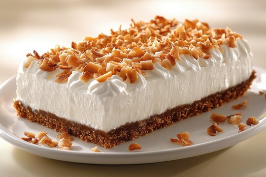 Dessert with a graham cracker crust, white topping and toasted coconut flakes