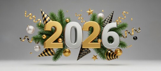 New year 2026 celebration with festive decoration golden and silver numbers, fir branches, party hats, and black ornaments Christmas holiday on grey background. Banner design New Year greeting card.