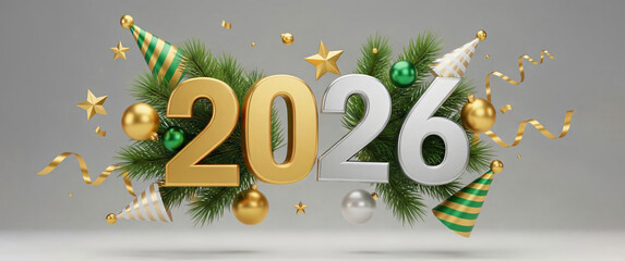 New year 2026 celebration with festive decoration golden and silver numbers, fir branches, party hats, and green ornaments Christmas holiday on grey background. Banner template New Year greeting card.