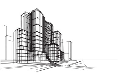 line sketch high-rise building on white background