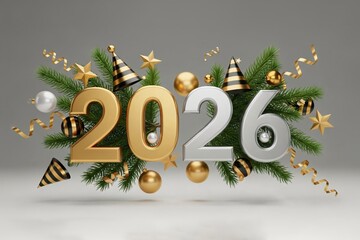New year 2026 celebration with festive decoration golden and silver numbers, fir branches, party hats, and black ornaments Christmas holiday on grey background. Banner design New Year greeting card.