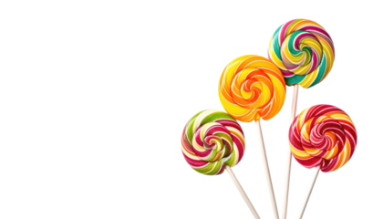 Multicolored swirl lollipops, arranged artfully on sticks, against a solid black background, brightly illuminated