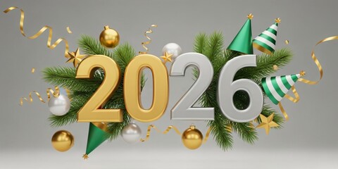 New year 2026 celebration with festive decoration golden and silver numbers, fir branches, party hats, and green ornaments Christmas holiday on grey background. Banner template New Year greeting card.