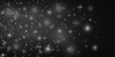 White dust glows softly with glittering sparkle and shimmer across blurred bokeh, enhanced by radiant highlights and warm festive glare. Christmas and New Year PNG vector illustration.
