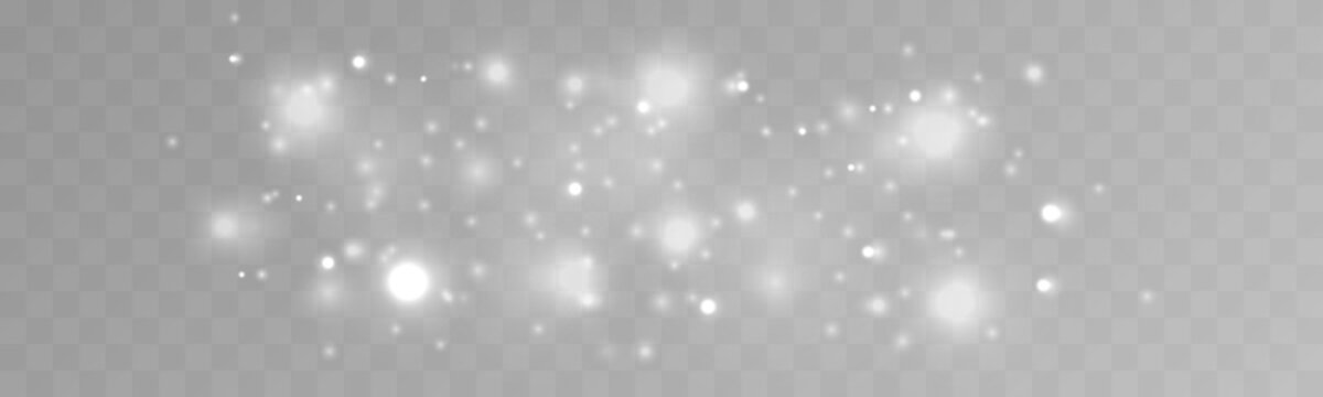 White dust floats through bokeh with sparkle, shimmer, gentle glow, enhanced by soft blur, radiant highlights in PNG. Twinkle flare add Christmas and New Year festive light. Vector illustration.