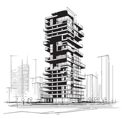abstract line sketch high-rise building on white background