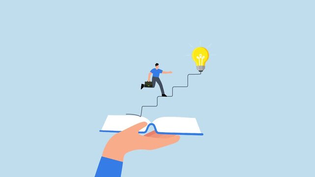 Effective learning new knowledge lead to success, 4k animation of young man running on opening book with stair up to lightbulb idea.