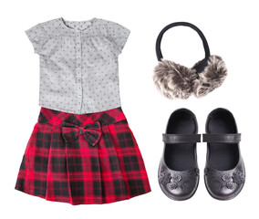 adorable children's outfit featuring a gray button-down shirt, plaid skirt with bow, furry earmuffs, and black flower-embellished shoes