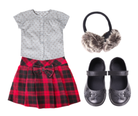 adorable children's outfit featuring a gray button-down shirt, plaid skirt with bow, furry earmuffs, and black flower-embellished shoes