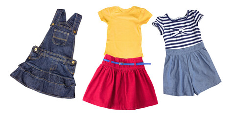 diverse collection of children's clothing featuring a denim dress, yellow t-shirt, red skirt, and striped top with blue skirt for playful outfits