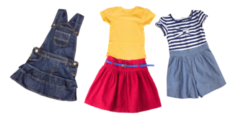diverse collection of children's clothing featuring a denim dress, yellow t-shirt, red skirt, and striped top with blue skirt for playful outfits