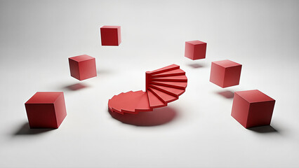 Red 3D pie chart and cubes graph.