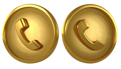 Two shiny, golden, circular phone icons, oriented slightly differently, against a plain, black background