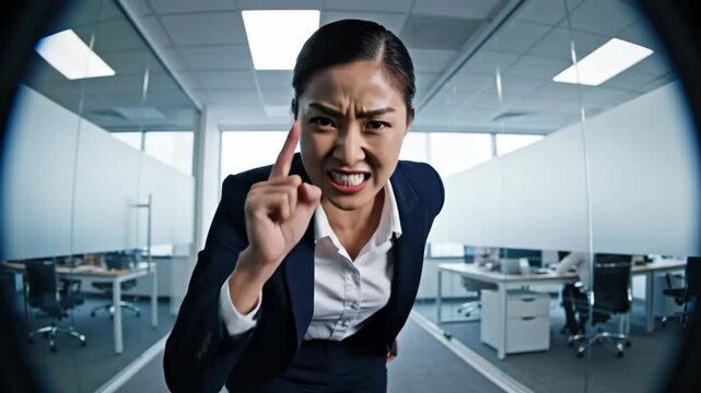 An energetic scene unfolds in a modern office setting where a determined woman passionately communicates her thoughts.