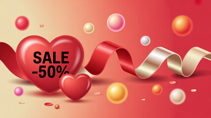 Red Heart Sale Banner with Floating Ribbons and Balls