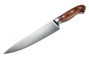 Chef's knife with wooden handle and silver rivets on black kitchen knife cooking knife isolated on a transparent background