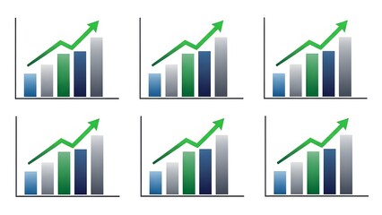 Collection of six bar graphs with green upward trend arrows