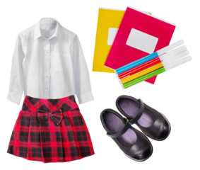 back-to-school essentials flat lay with uniform, books, markers, and shoes, capturing the essence of academic preparation and school life