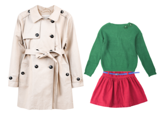 classic and preppy girl's fashion ensemble featuring a trench coat, green sweater, and red skirt for stylish children's fashion blogs