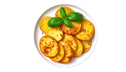 Overhead shot of golden fried potato slices on a white plate, garnished with fresh green basil leaves