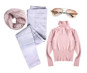 pastel color palette featuring a pink scarf, white pants, and salmon sunglasses, complemented by a pink turtleneck sweater for a cohesive fashion look.
