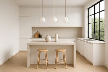 Minimalist modern kitchen interior with white cabinets, island, and wooden stools in natural light, clean design concept and elegant atmosphere. Ai generative
