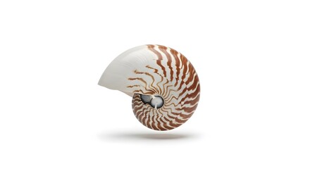 Obraz premium A spiral-shaped nautilus shell is centered on a white background viewed from the side
