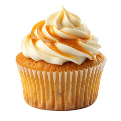 Delicious butterscotch cupcake with creamy frosting and caramel drizzle on transparent background, perfect for dessert lovers