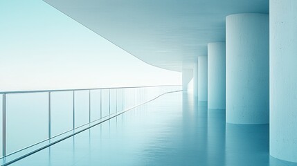 Obraz premium Modern, bright, spacious corridor with pillars, balcony, and light turquoise hues