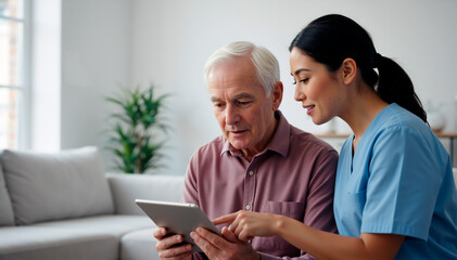 Modern care: A young female volunteer or nurse helps a mature man navigate digital technologies while browsing together on a tablet in a bright living room.