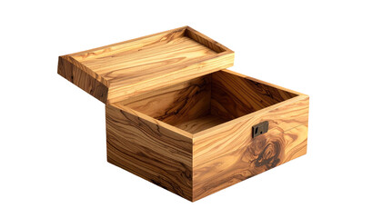 Open wooden box with a removable lid, showing its grain pattern against a stark black background