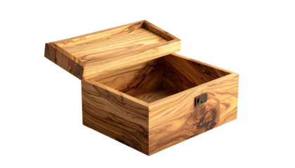 Open wooden box with a removable lid, showing its grain pattern against a stark black background