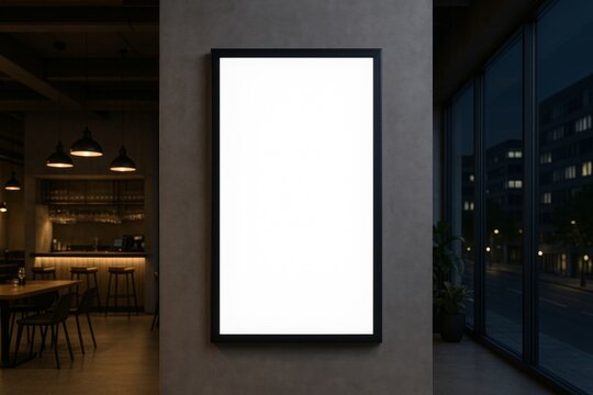 Vertical blank poster frame on concrete wall inside modern dark cafe interior with large windows and dim lighting in urban night setting. Ai generative