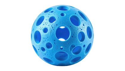 Blue sphere with circular holes, textured surface, on a dark background