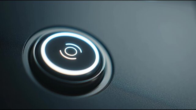 Touch sensor button illuminated with blue and white LED light closeup modern electronic device, futuristic round touch button glowing LED, finger pressing illuminated button, minimalistic technology