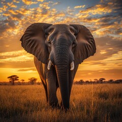 Obraz premium An elephant moves through tall grass under a sunset sky with clouds and trees in the background