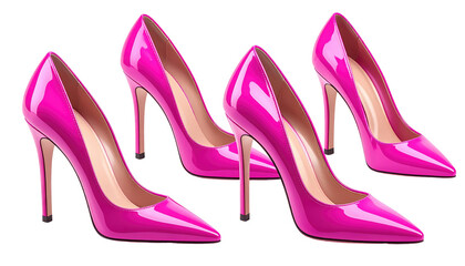 Four pairs of shiny fuchsia high heels, pointed toe, staged in two rows against a dark background