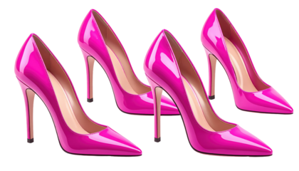 Four pairs of shiny fuchsia high heels, pointed toe, staged in two rows against a dark background