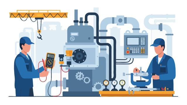 A detailed flat-style illustration of industrial calibration process with technicians using measurement instruments on machinery and sensors