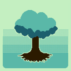 Isolated Tree with Full of Leaves Standing on Dithered Gradient Backdrop, Green Tone, Pixel Art Display Clipart
