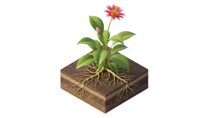 Diagram of a Plant Showing Roots in Soil Layers and Blooming Flower