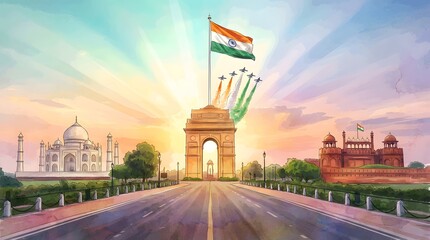 India republic day celebration watercolor illustration.